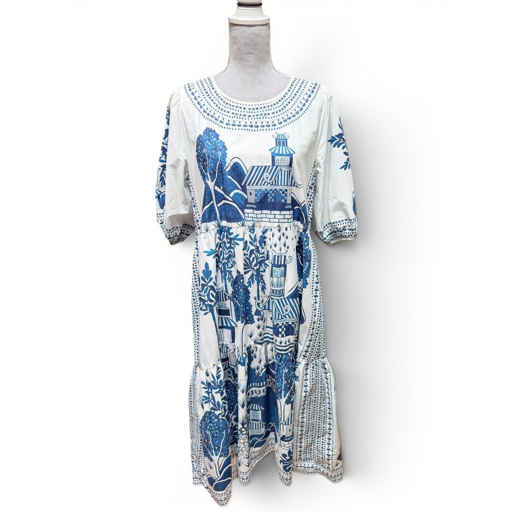 Farm Rio Ancient Garden Blue White Cotton Poplin Midi Dress L Cottagecore - Picture 3 of 13